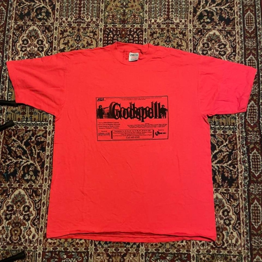VTG 90s Godspell big center ticket graphic red musical theater tshirt XL‎ USA